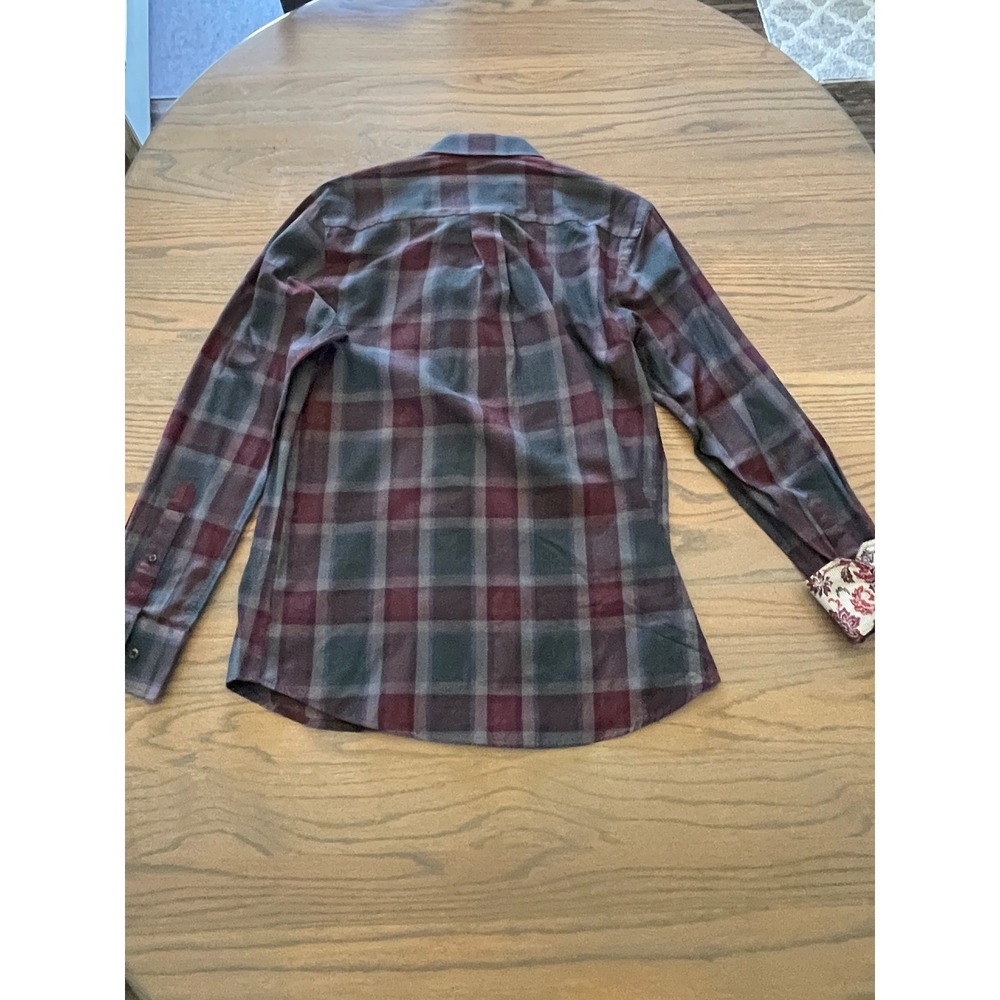 Tallia Mens Plaid Button Down Shirt Burgundy Navy Floral Contrast Cuff Size 15.5 - Picture 5 of 5